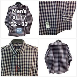 Men's Chaps XL 17 32 - 33 Button Front Shirt Plaid Blue Orange White Casual NWT